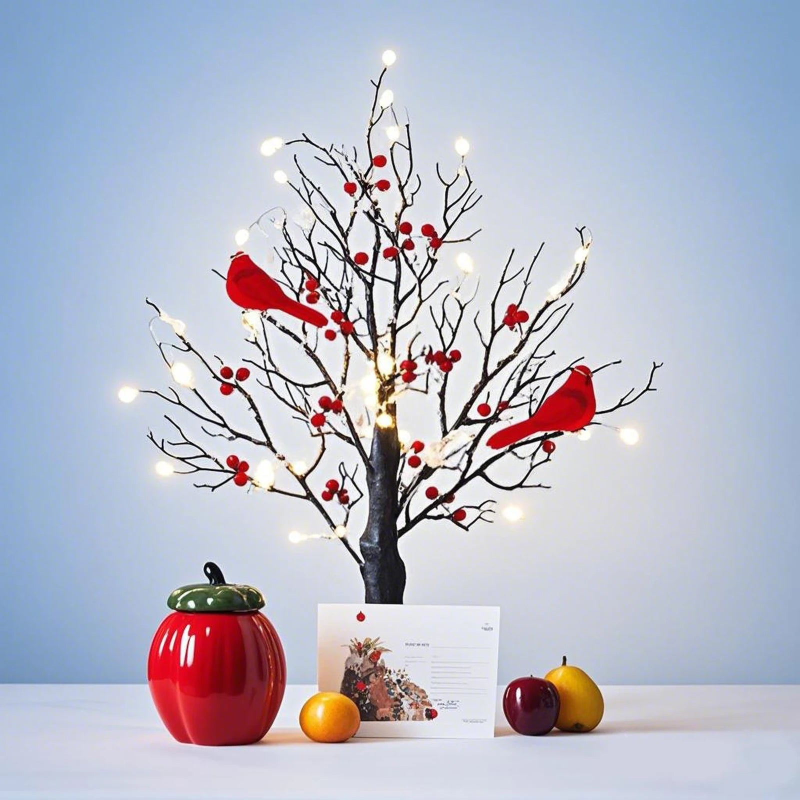 M D Vintage Glowing Tree with Cardinals Lighted Mini Birch Tree Red Bird Tree Light Festival Christmas Decoration