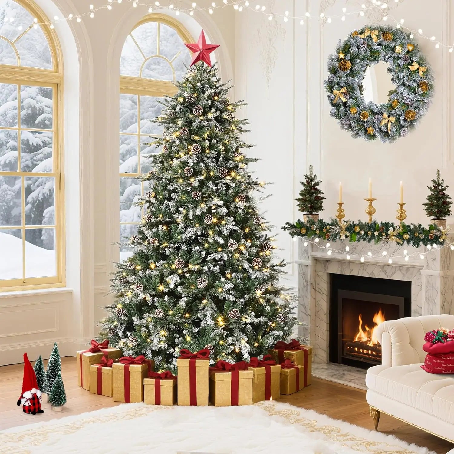6Ft/7.5Ft/9Ft Pre-Lit Snow Flocked Christmas Tree 8-Modes LED Lights