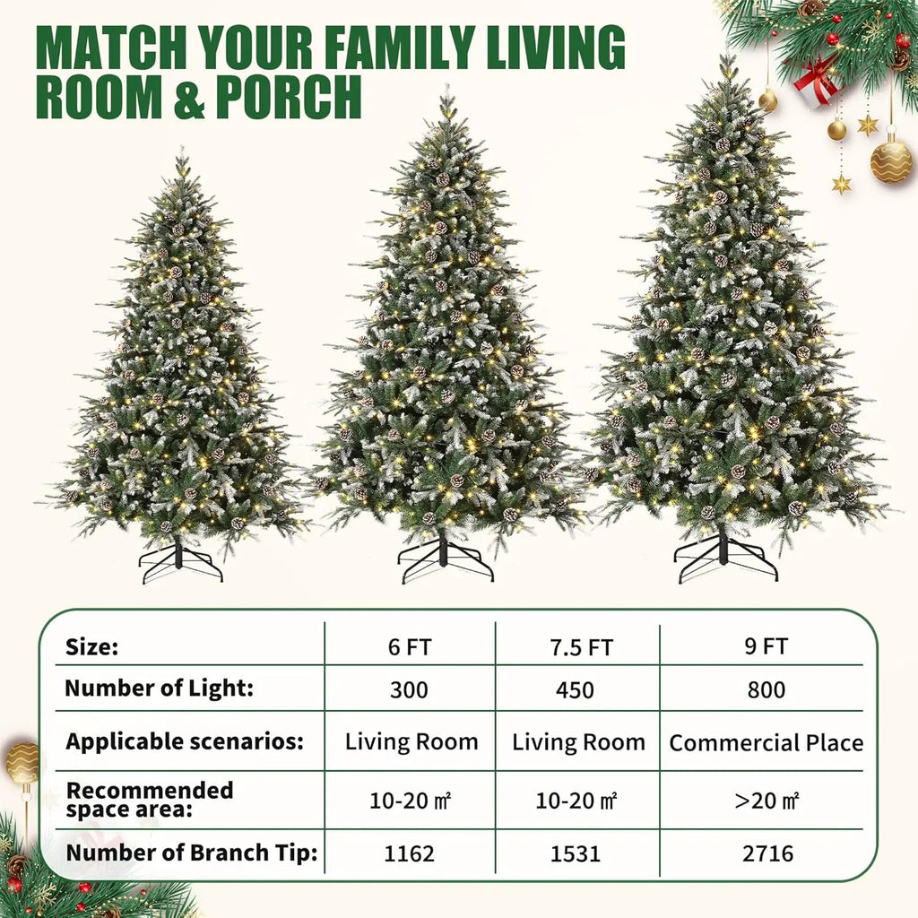 6Ft/7.5Ft/9Ft Pre-Lit Snow Flocked Christmas Tree 8-Modes LED Lights