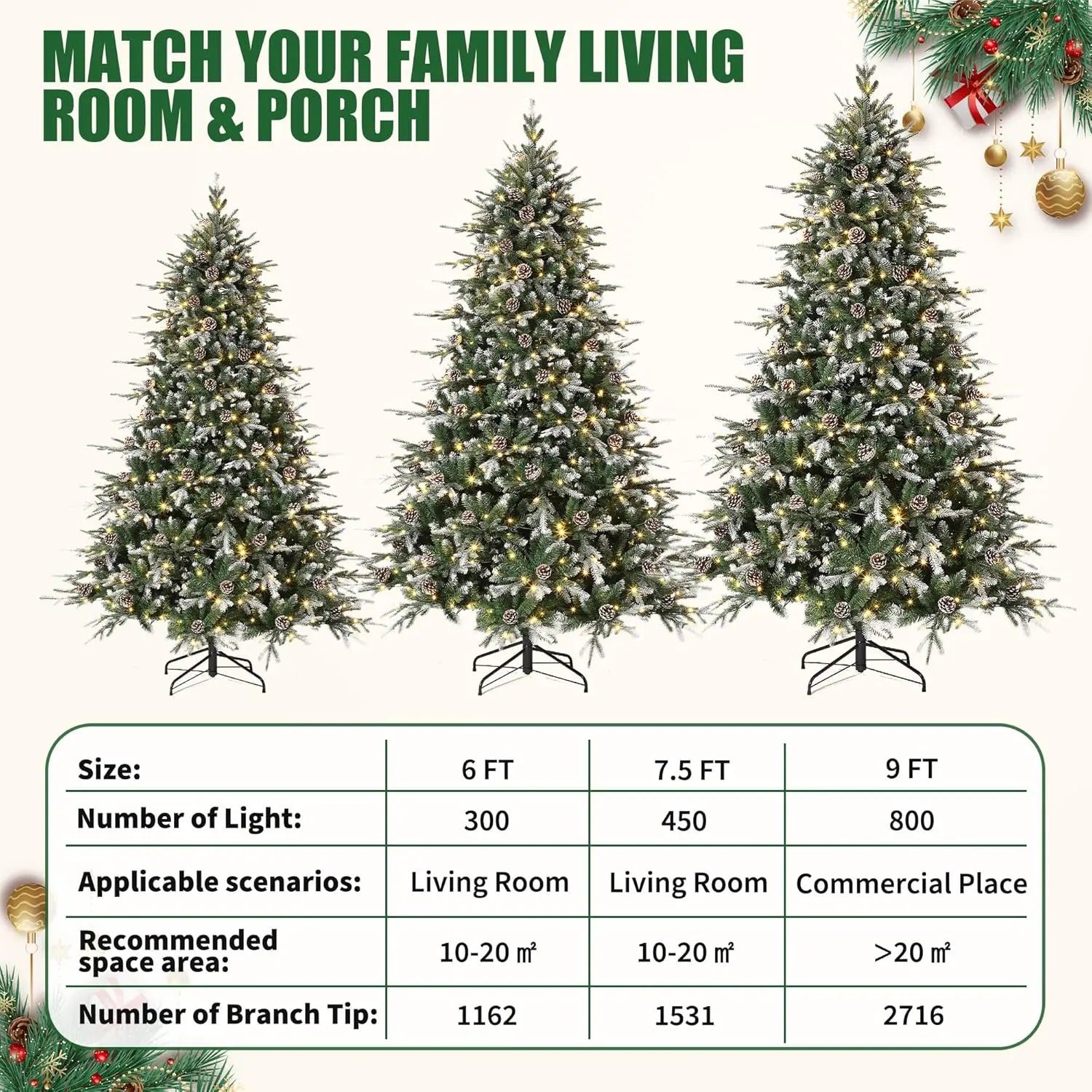 6Ft/7.5Ft/9Ft Pre-Lit Snow Flocked Christmas Tree 8-Modes LED Lights