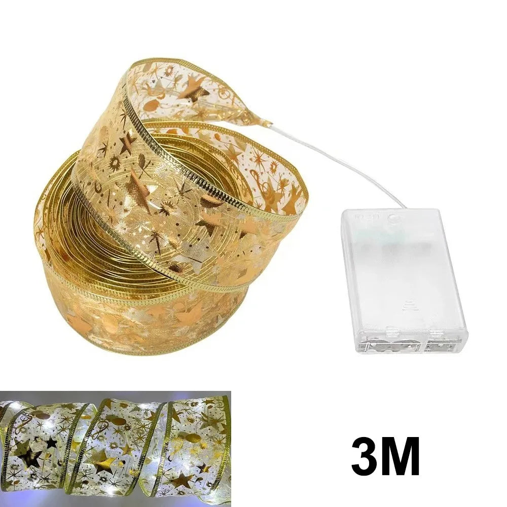 Christmas Ribbon Fairy Light Christmas Decoration DIY Bows String Light Tree Ornaments For Home