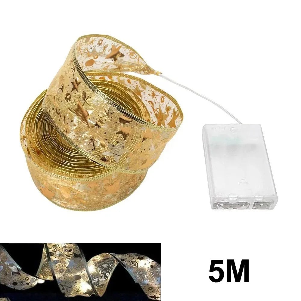 Christmas Ribbon Fairy Light Christmas Decoration DIY Bows String Light Tree Ornaments For Home