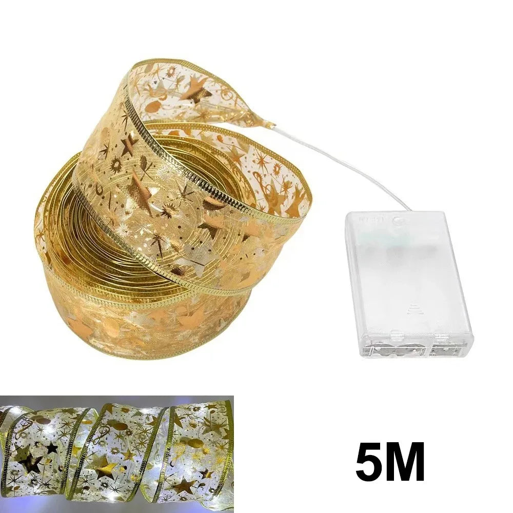 Christmas Ribbon Fairy Light Christmas Decoration DIY Bows String Light Tree Ornaments For Home