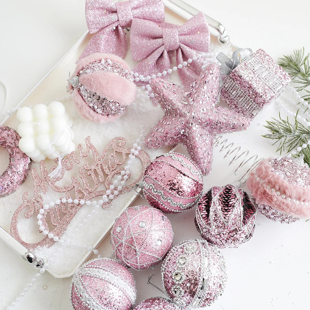 Christmas Tree Ornaments Pink Foam Ball Bow Tree Top Star Xmas Tree
