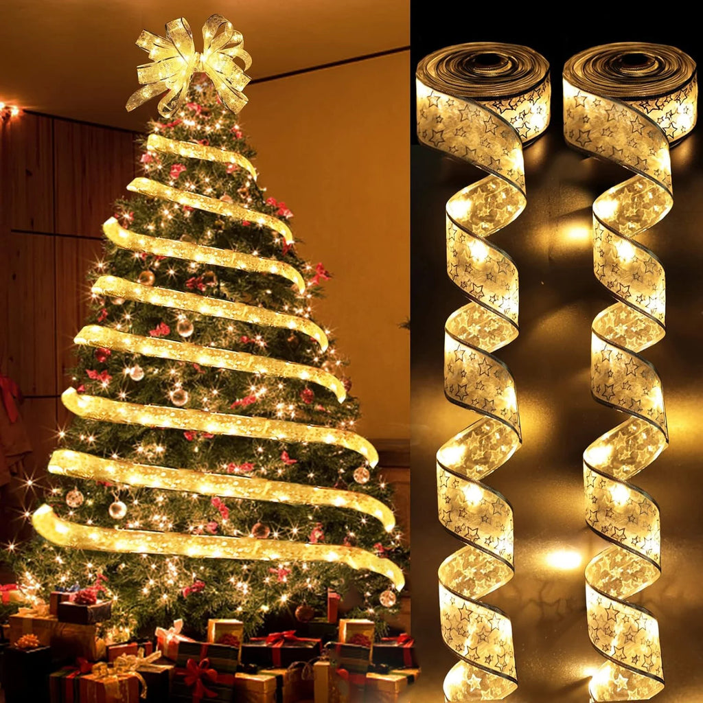 Christmas Ribbon Fairy Light Christmas Decoration DIY Bows String Light Tree Ornaments For Home
