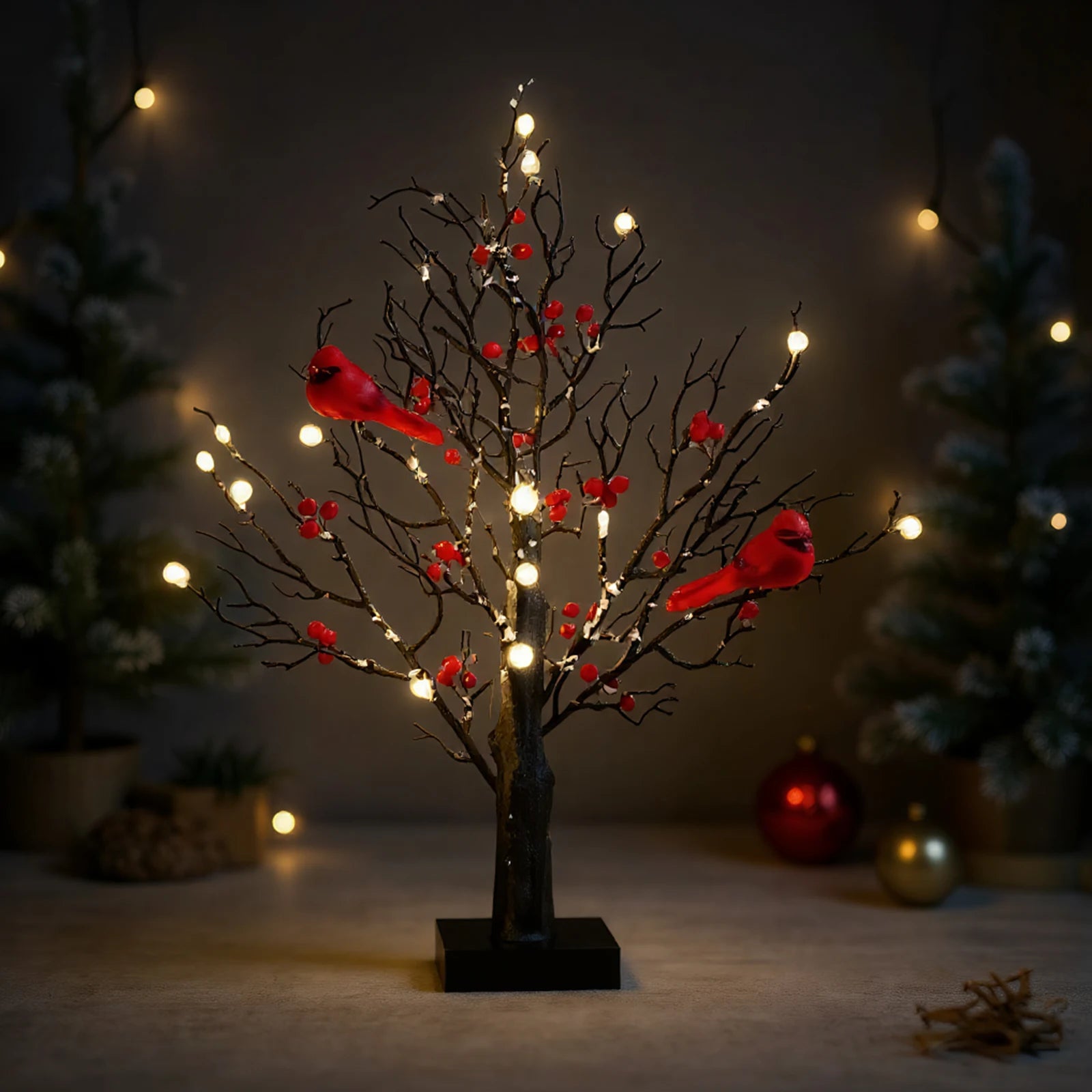 M D Vintage Glowing Tree with Cardinals Lighted Mini Birch Tree Red Bird Tree Light Festival Christmas Decoration