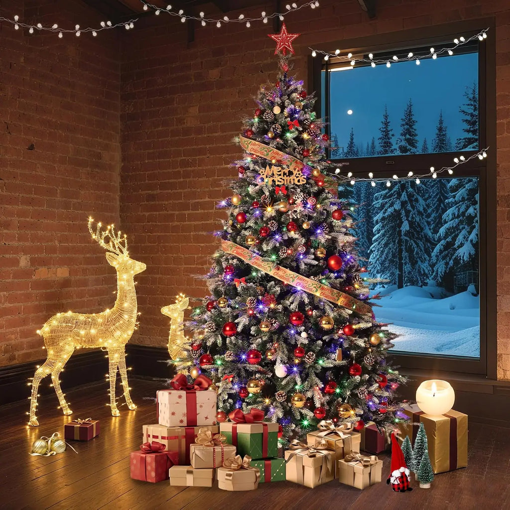 6Ft/7.5Ft/9Ft Pre-Lit Snow Flocked Christmas Tree 8-Modes LED Lights