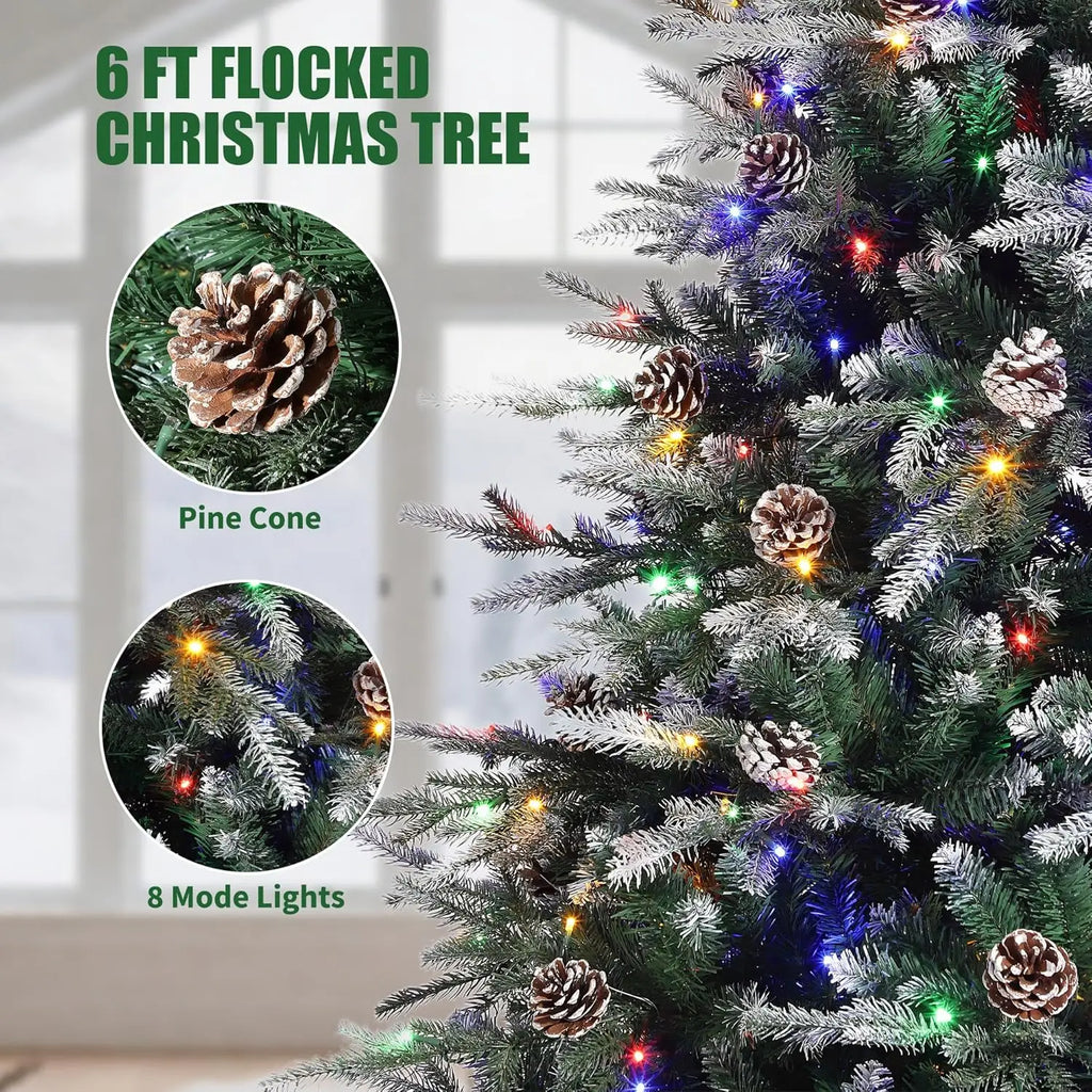 6Ft/7.5Ft/9Ft Pre-Lit Snow Flocked Christmas Tree 8-Modes LED Lights