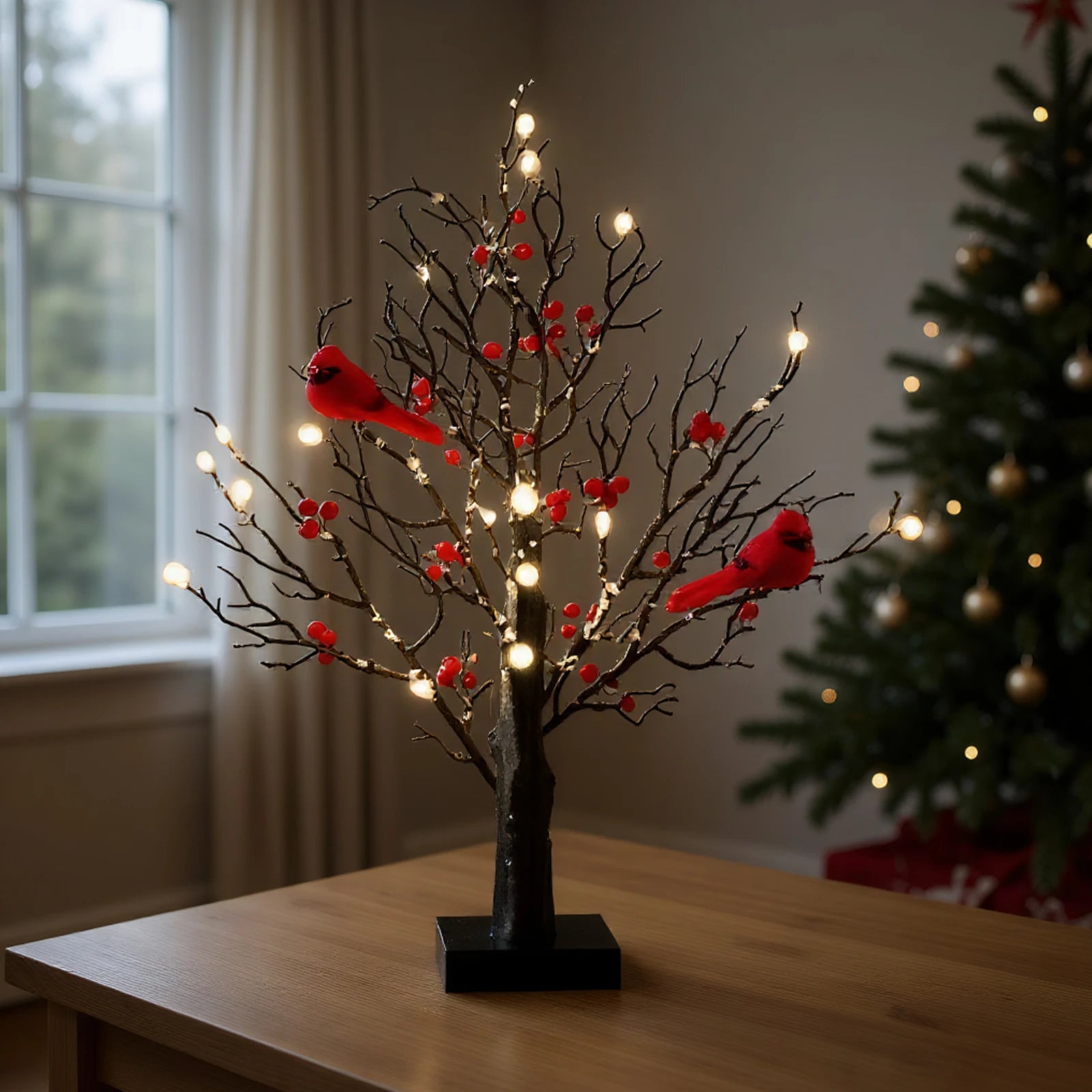 M D Vintage Glowing Tree with Cardinals Lighted Mini Birch Tree Red Bird Tree Light Festival Christmas Decoration