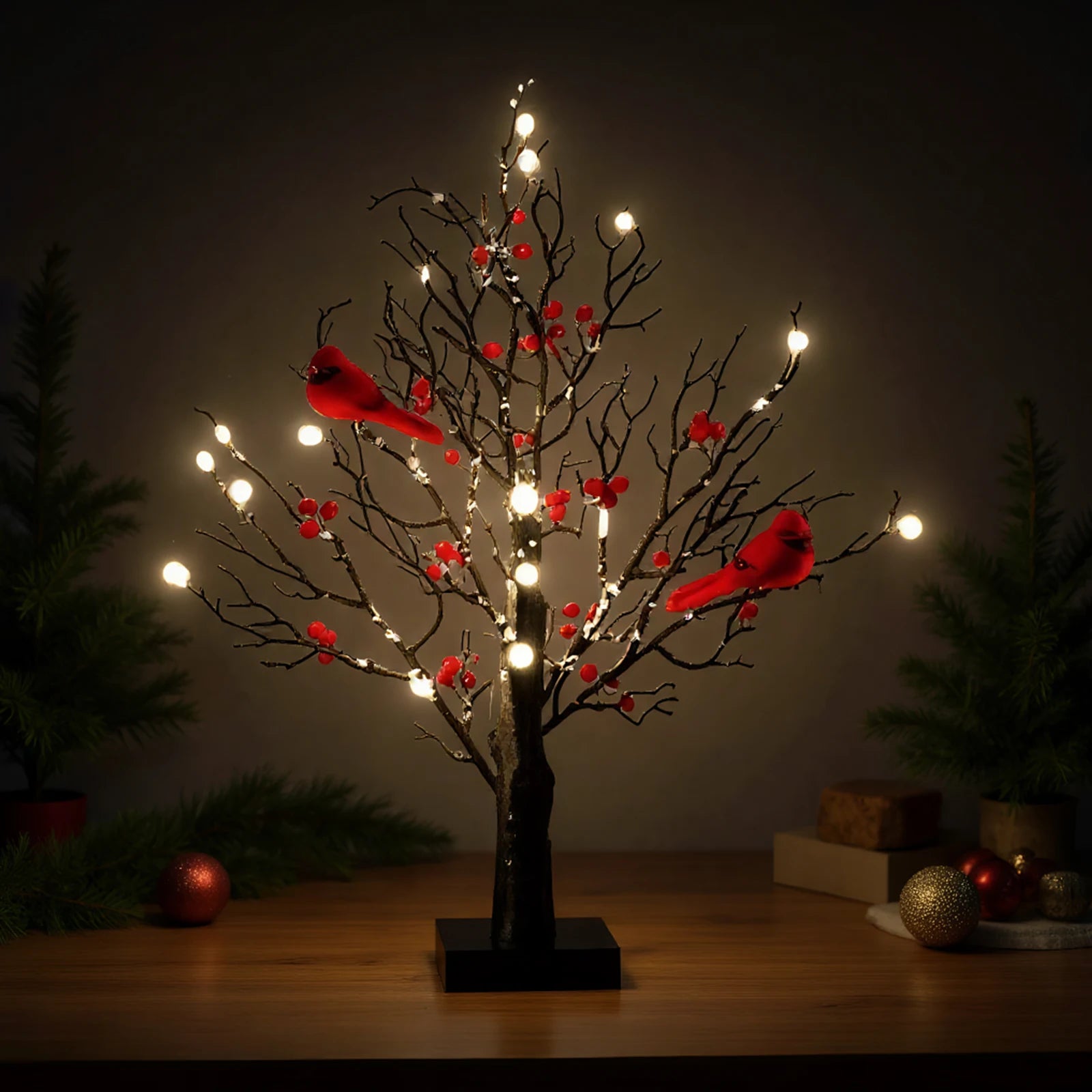 M D Vintage Glowing Tree with Cardinals Lighted Mini Birch Tree Red Bird Tree Light Festival Christmas Decoration