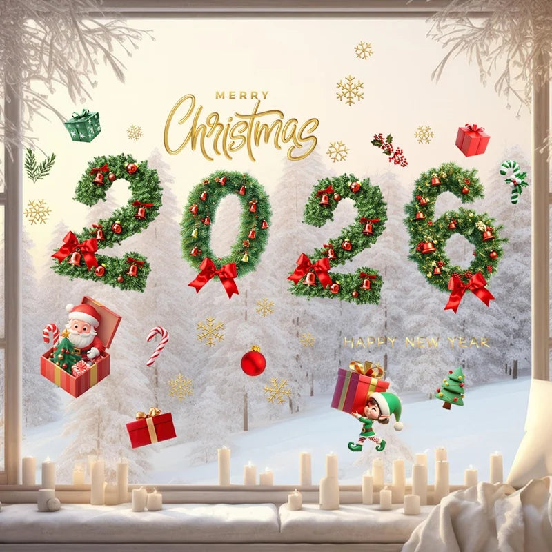 Christmas Window Stickers Merry Christmas Decorations for Home 2026 Navidad Noel Gifts Xmas Wall Sticker Kids Room New Year 2026