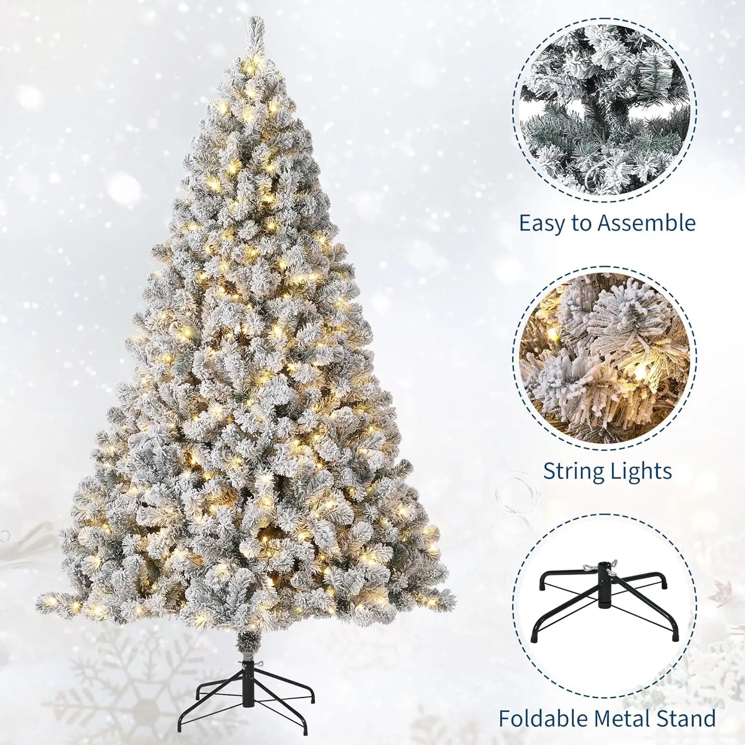 M D 7.5FT Christmas Tree Prelit Artificial Christmas Tree With 450 Warm White Lights Realistic Flocked Material Holiday Decoration