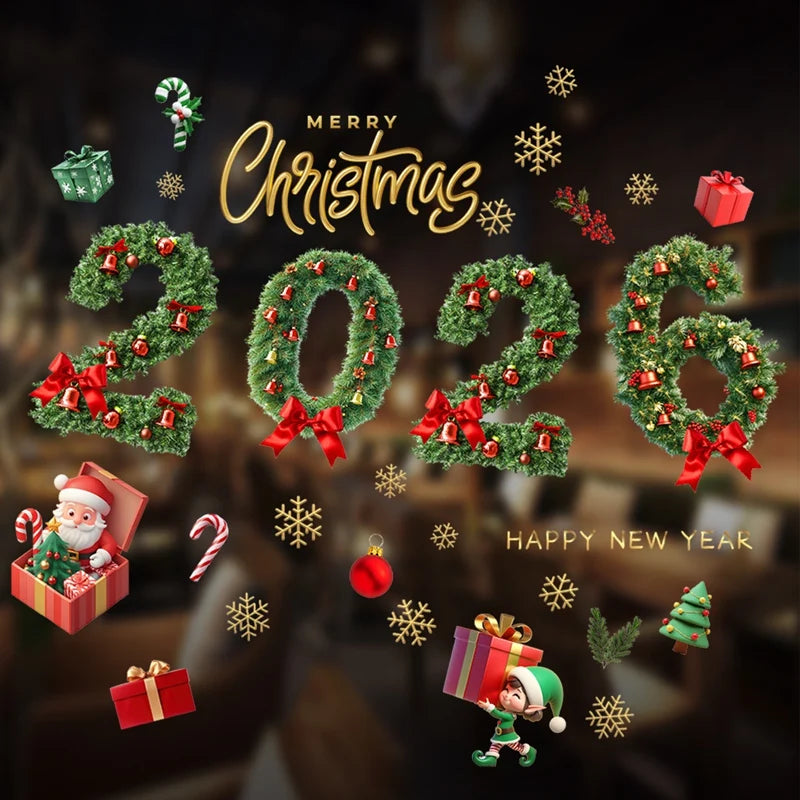 Christmas Window Stickers Merry Christmas Decorations for Home 2026 Navidad Noel Gifts Xmas Wall Sticker Kids Room New Year 2026
