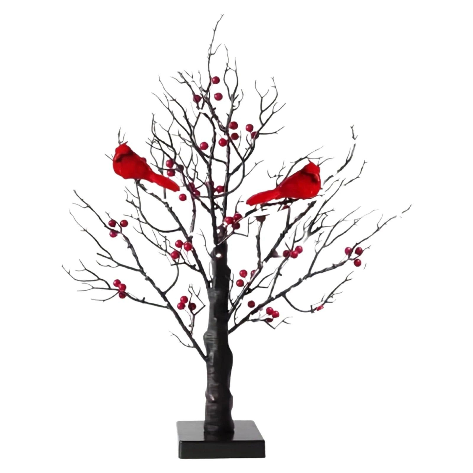 M D Vintage Glowing Tree with Cardinals Lighted Mini Birch Tree Red Bird Tree Light Festival Christmas Decoration